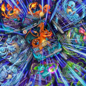 May include: A collection of colorful trading cards featuring various creatures including Charizard, Blastoise, Venusaur, and Squirtle. Each card displays detailed illustrations, attack names like Draconic Dive and Solar Beam, and energy symbols against a dark, glowing blue background with light streaks.