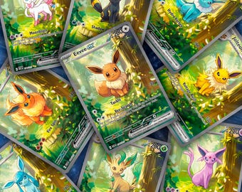 May include: A collection of Pokémon EX trading cards featuring various characters like Eevee, Jolteon, and Vaporeon. The cards have a green forest background and include attack names such as "Moonblast" and "Hydro Vortex."