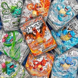 コミック風アニメスタイルのカントー地方の御三家ポケモンの進化ファンアートカード - ヒトカゲ、ゼニガメ、フシギダネの進化系統