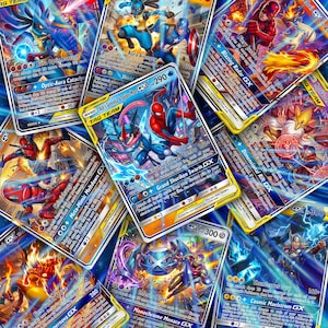 以下が含まれることがあります： アッシュのゲッコウガ＆スパイダーマンTAG TEAM、チミチャンガ・カオス、ブレイジング・レーダーGXなどの名前が印刷された、ダイナミックなポーズのキャラクターが描かれたカラフルなトレーディングカードのコレクション。各カードにはHP値と攻撃ステータスが表示されています。
