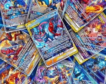 Pode incluir: Uma coleção de cartas colecionáveis coloridas com vários personagens em poses dinâmicas e texto impresso, incluindo nomes como Ash's Greninja & Spider-Man TAG TEAM, Chimichanga Chaos e Blazing Radar GX, exibindo valores de HP e estatísticas.