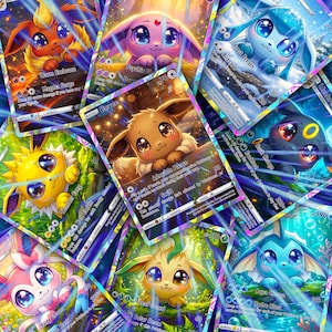 May include: A collection of holographic trading cards featuring various Eevee evolutions with large, expressive eyes. Each card displays a unique character, including Flareon, Espeon, Glaceon, Jolteon, Eevee, Umbreon, Sylveon, Leafeon, and Vaporeon.