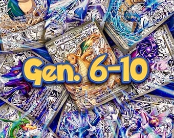 Pode incluir: Uma coleção de cartas colecionáveis coloridas apresentando várias criaturas, incluindo Snorlax, Lugia, Gyarados, Dragonite, Rayquaza e Palkia, dispostas em uma colagem. O texto Gen. 6-10 está sobreposto em letras amarelas grandes.