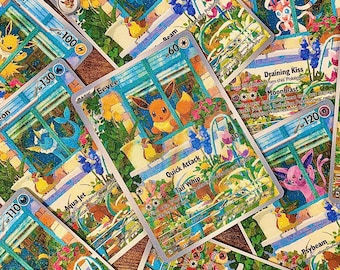 Könnte beinhalten: Eine Ansammlung von Pokémon-Sammelkarten mit Charakteren wie Evoli, Blitza und Feelinara. Die Karten zeigen farbenfrohe Illustrationen der Charaktere in einer Gartenumgebung, mit Text, der Angriffe und HP angibt.
