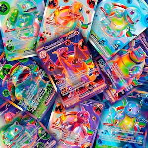 May include: A collection of holographic Pokemon trading cards featuring Charizard ex, Venusaur, and Blastoise. The cards display vibrant rainbow foil patterns, character illustrations, attack names like Volcanic Heat Wave, and text details.