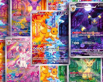 Könnte beinhalten: Eine Sammlung von Pokémon-Sammelkarten mit Charakteren wie Eevee, Umbreon und Sylveon. Die Karten haben farbenfrohe Hintergründe mit Wald- und Blumendesigns. Jede Karte zeigt Charakternamen, Fähigkeiten und Angriffsdetails.
