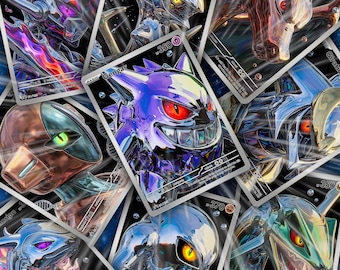 Pode incluir: Uma coleção de cartas colecionáveis com acabamento metálico apresentando várias criaturas com superfícies brilhantes e reflexivas. A carta central exibe um personagem Gengar roxo com olhos vermelhos e um sorriso largo.