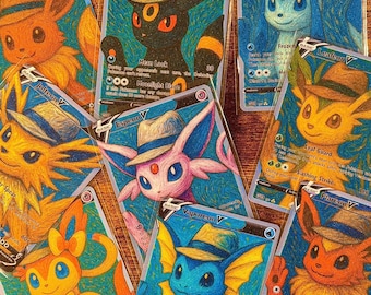 Könnte beinhalten: Eine Sammlung farbenfroher Pokémon-Sammelkarten mit verschiedenen Charakteren, die jeweils einen Fedora-Hut tragen. Die Karten zeigen Charaktere wie Jolteon, Umbreon und Vaporeon mit lebendigen Illustrationen und Textdetails.