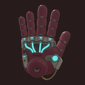 May include: A detailed illustration of a robotic hand in a dark red color. The hand has a complex mechanical design with visible internal components, including glowing blue wires and circular elements. The background is a solid, dark brown.