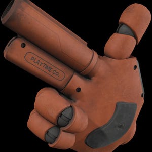 May include: A rusty orange, mechanical hand with a two-barrel design, resembling a gun. The text "PLAYTIME CO." is printed on the side. The fingers are articulated, and the overall design suggests a toy or prop.