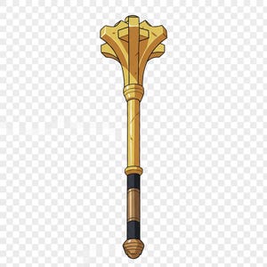 May include: A golden mace with a flanged head and a long, cylindrical handle. The mace features a detailed design with a series of vertical lines and a decorative base. The mace is a medieval weapon.