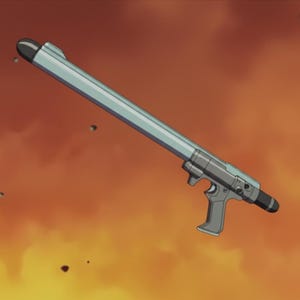 May include: A light blue and grey futuristic weapon with a black tip and handle. The weapon has a long, cylindrical barrel and a trigger-like grip. The background is a gradient of orange and yellow.