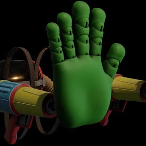 May include: A green hand and a blue hand are featured in this image, along with a multi-coloured device with a hose. The green hand is in the foreground, with the blue hand to the right. The device has red, yellow, and blue elements.