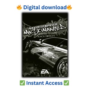 以下が含まれることがあります： ビデオゲーム「Need for Speed: Most Wanted - Black Edition」のデジタルダウンロードグラフィック。画像には、ゲームのロゴとEAロゴが付いた白黒の車が表示されています。テキストには「デジタルダウンロード」と「インスタントアクセス」が含まれています。