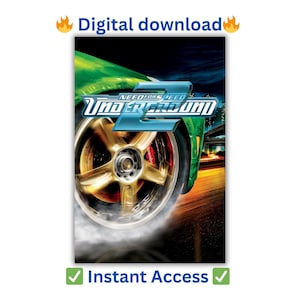 Op de afbeelding: Een digitale downloadafbeelding voor de videogame Need for Speed Underground 2. De afbeelding toont een close-up van een autowiel met het logo van de game en de woorden "Digitale download" en "Directe toegang". De achtergrond is donker met groene en gele tinten.