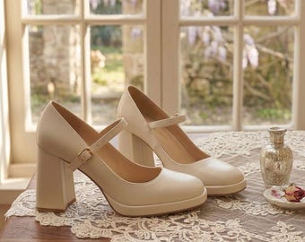 Crème Mary Jane plateau hakken dikke blokhak trouwschoenen ronde neus enkelbandje pumps retro vintage stijl
