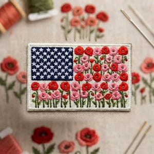 American Flag Poppy Flowers Embroidered Patch or Sticker - Iron On Patriotic Floral USA Badge