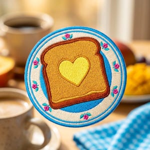 May include: A circular embroidered patch featuring a golden-brown slice of toast with a yellow heart in the center. The toast sits on a blue plate with a cream-colored rim decorated with small pink flower motifs and green leaves.