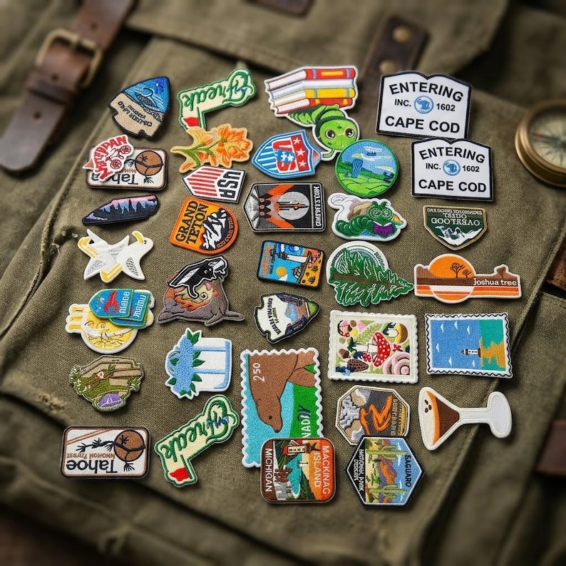 May include: A collection of various embroidered patches featuring diverse designs including national parks, landscapes, animals, and text such as Entering Cape Cod, Grand Teton, Joshua Tree, and Tahoe, arranged on a green canvas fabric surface.