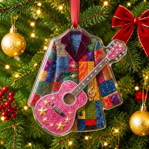 May include: A clear acrylic Christmas ornament shaped like a patchwork blazer and a glittery pink acoustic guitar. The blazer features a multi-colored quilted pattern with gold buttons and a velvet collar. A gold treble clef charm hangs from the guitar.