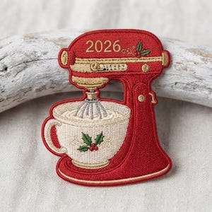 Christmas Red Stand Mixer Embroidered Patch: Holiday Baker Gift (Iron-On or Sew-On)