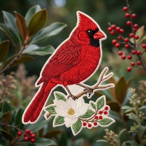 May include: An embroidered patch featuring a vibrant red cardinal bird with a black face mask perched on a brown branch. The branch is decorated with a white magnolia flower, green leaves, and small red berries, all rendered in detailed stitching.