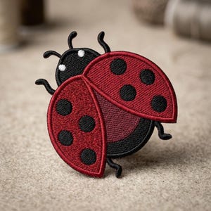 May include: An embroidered ladybug patch featuring a vibrant red wing design with distinct black circular spots. The insect has a black head with two small white dots, black antennae, and black legs, all rendered in detailed thread work.