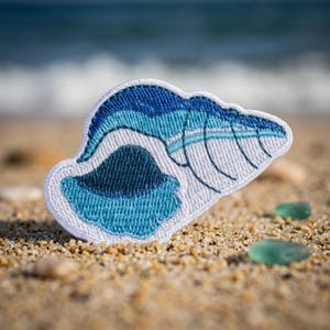 Blue Seashell Embroidered Patch or Sticker - Iron On Coastal Beach Ocean Applique for Jacket Backpack Hat
