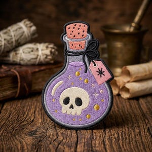 Skull Potion Embroidered Patch Iron On Halloween Witchy Applique for Jacket Backpack Hat