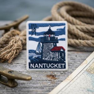 Nantucket Lighthouse Embroidered Patch Iron On Coastal Massachusetts Travel Souvenir for Jacket Hat