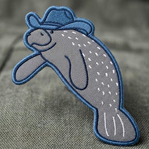 Cowboy Manatee Embroidered Patch or Sticker - Iron On Funny Sea Cow Coastal Animal Badge