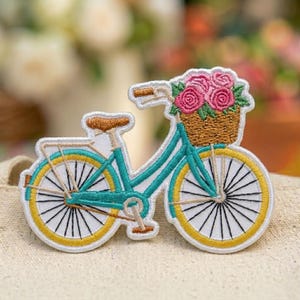 Floral Bicycle Embroidered Patch or Sticker - Iron On Vintage Bike Flower Basket Applique Badge