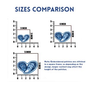 May include: A size comparison chart for blue embroidered oyster shell patches. Three patches are shown with rulers indicating sizes of 3 inches, 4 inches, and 5 inches. Text reads: SIZES COMPARISON and Note: Embroidered patches are stitched in a square frame, so depending on the design, longer content may affect the height of the patches.