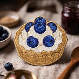May include: A circular embroidered patch featuring a tart design with a golden-brown crust, a thick layer of white cream, and five detailed blue blueberries arranged on top. The embroidery uses shades of blue, cream, and tan thread.