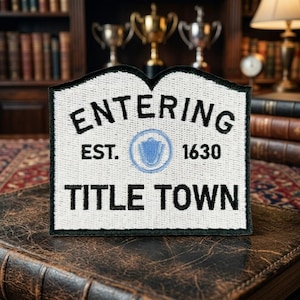 Entering Title Town Embroidered Patch or Sticker -, Boston Sports Fan Iron On Badge