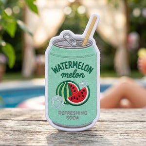 May include: A mint green embroidered patch shaped like a soda can with a yellow straw. It features the text WATERMELON melon and REFRESHING SODA, along with a graphic of a sliced watermelon and two ice cubes on a light green background.