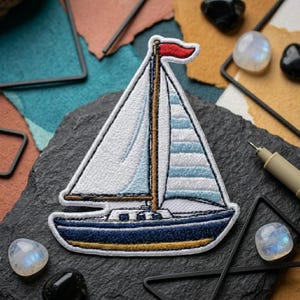 May include: An embroidered iron-on patch shaped like a sailboat. The boat has a dark blue hull with a gold stripe, a brown mast, and white sails with light blue stripes. A small red flag sits at the top of the mast, and the entire patch is outlined in white.