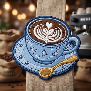May include: A circular embroidered patch featuring a light blue teacup and saucer decorated with small white flowers. The cup contains dark brown coffee with white latte art in the shape of a heart. A gold-colored spoon rests on the saucer.