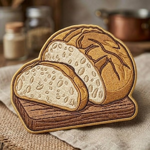 May include: An embroidered patch featuring a golden-brown loaf of bread with two sliced pieces resting on a wooden cutting board. The design uses shades of tan, cream, and brown thread to depict the crust and the porous texture of the bread interior.
