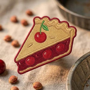 May include: An embroidered patch shaped like a slice of cherry pie. The patch features a tan crust with a scalloped top edge, a bright red cherry with a green leaf on top, and a deep red filling containing three visible round cherries.