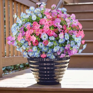 Pode incluir: Um grande vaso de cerâmica preta e canelada transbordando de flores coloridas. As flores são uma mistura de rosa, azul e roxo, criando uma exibição vibrante. O vaso está em um deck de madeira.