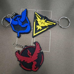 May include: Three keychains with team emblems in blue, yellow, and red. The blue emblem features a bird-like creature, the yellow emblem is a triangle with a starburst, and the red emblem is a bird in a circle. Each keychain has a silver ring.
