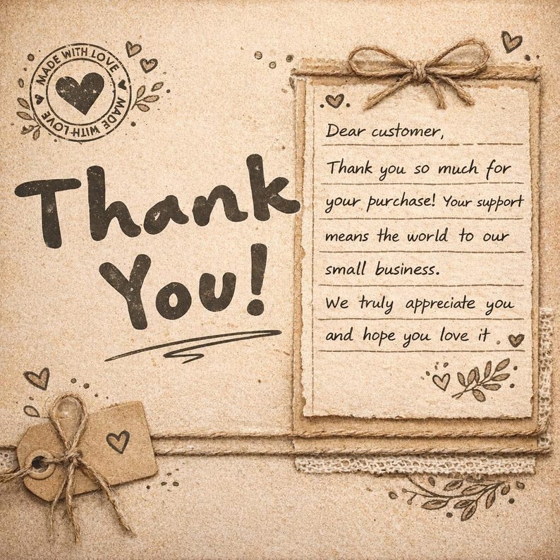 Puede incluir: Una tarjeta de agradecimiento de estilo vintage con las palabras "Thank You!" en letras grandes y en negrita. La tarjeta incluye un mensaje escrito a mano, un sello en forma de coraz&oacute;n y elementos decorativos como corazones y un lazo.