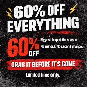 Puede incluir: Gr&aacute;fico promocional en blanco y negro con el texto "60% DE DESCUENTO EN TODO". El texto "60% DE DESCUENTO" es rojo. El texto adicional incluye "La mayor ca&iacute;da de la temporada" y "C&oacute;mpralo antes de que se agote."