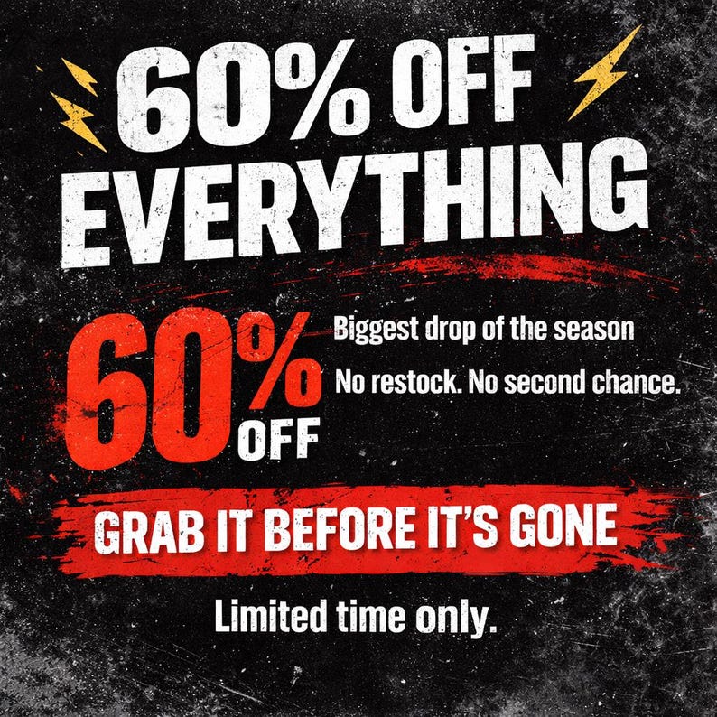 Puede incluir: Gr&aacute;fico promocional en blanco y negro con el texto "60% DE DESCUENTO EN TODO". El texto "60% DE DESCUENTO" es rojo. El texto adicional incluye "La mayor ca&iacute;da de la temporada" y "C&oacute;mpralo antes de que se agote."