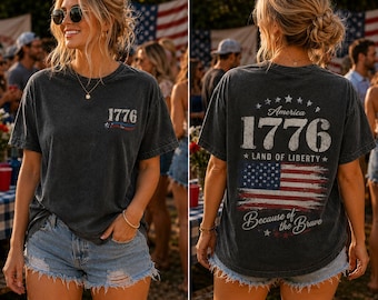 Camiseta vintage de 1776, camiseta unisex del 4 de julio, camiseta "Nacido para la libertad", "Tierra de los libres", estampado patriótico en la parte delantera y trasera, camiseta gráfica de EE. UU.