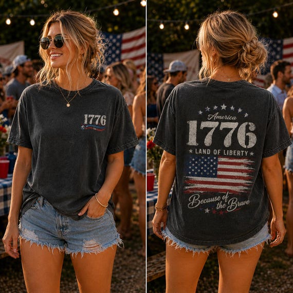 Vintage 1776 Shirt, 4th of July Unisex Tee, Born For Freedom Top, Land of the Free, Front and Back Print Patriotic, USA Graphic T-Shirt