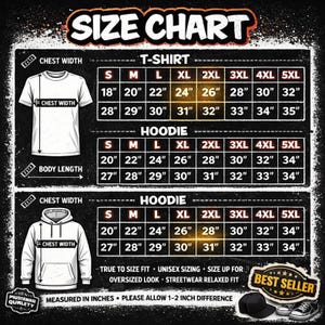 Puede incluir: Una tabla de tallas para camisetas y sudaderas con capucha, con medidas de ancho de pecho y largo de cuerpo en pulgadas. La tabla incluye tallas de la S a la 5XL, con el texto "Ajuste fiel a la talla, tallas unisex, talla m&aacute;s grande para un look oversize, corte holgado streetwear."