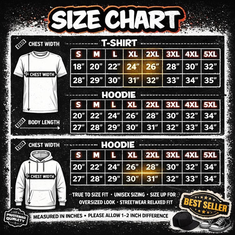 Puede incluir: Una tabla de tallas para camisetas y sudaderas con capucha, con medidas de ancho de pecho y largo de cuerpo en pulgadas. La tabla incluye tallas de la S a la 5XL, con el texto "Ajuste fiel a la talla, tallas unisex, talla m&aacute;s grande para un look oversize, corte holgado streetwear."