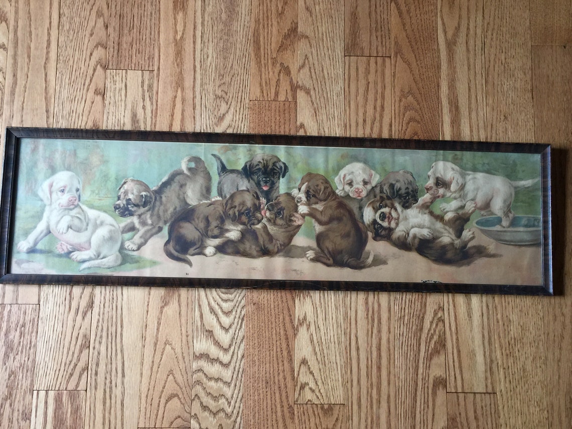 Antique Yard Long Print Puppies Framed Picture collectible Etsy